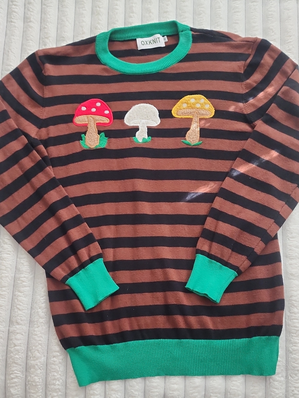 Oxknit Brown & Black Striped Sweater with Green Trim and Mushroom Appliques